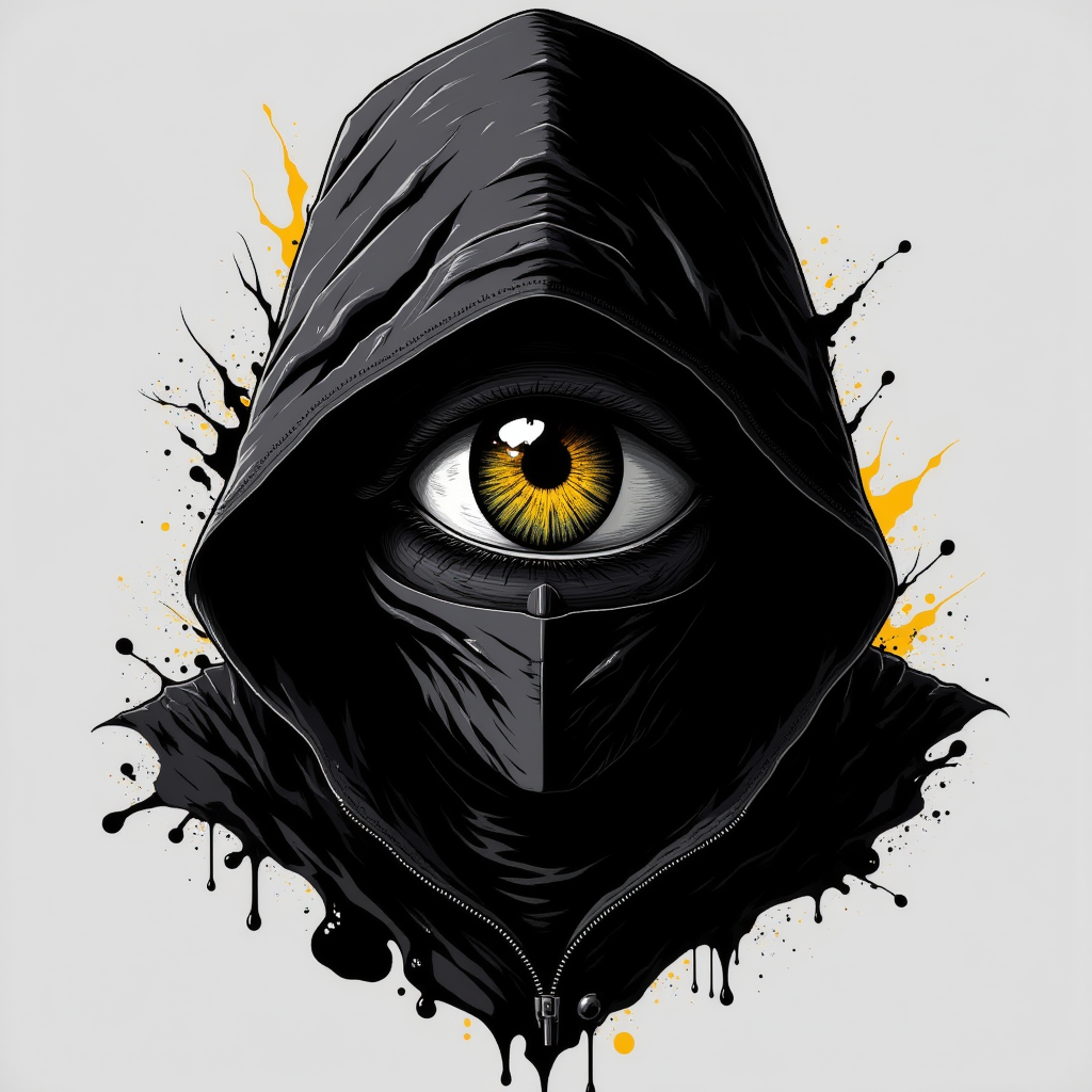fluxtration, abstract artstyle, logotype containing black and grey colors, yellow eye hiding in the shadow of the hood, hood is tottaly black except eye that emerging from it