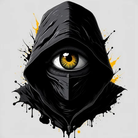 fluxtration, abstract artstyle, logotype containing black and grey colors, yellow eye hiding in the shadow of the hood, hood is tottaly black except eye that emerging from it