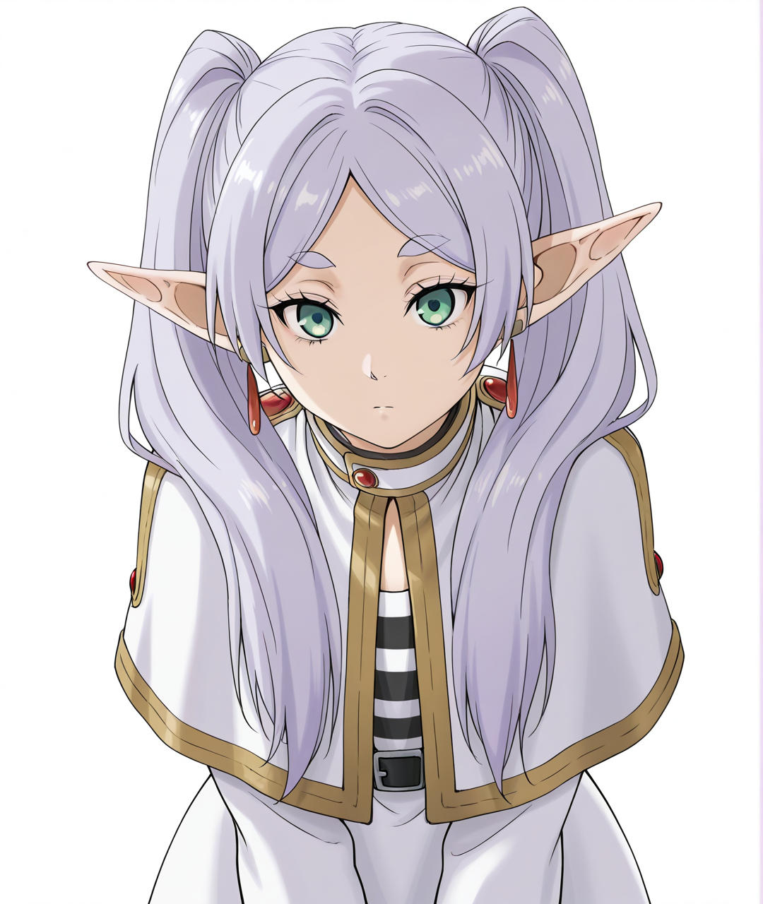 highres, absurdres, hi res, best quality, masterpiece, 2d, intricate details, 4k, anime coloring,
1girl, solo, female, eyelashes, nose, white hair, silver hair, pointy ears, twintails, parted bangs, long hair, green eyes, frieren,
dress, long sleeves, 
upper body, leaning forward, 
white background, <lora:Gegera_(Style)_ILXL:1>, gegera,