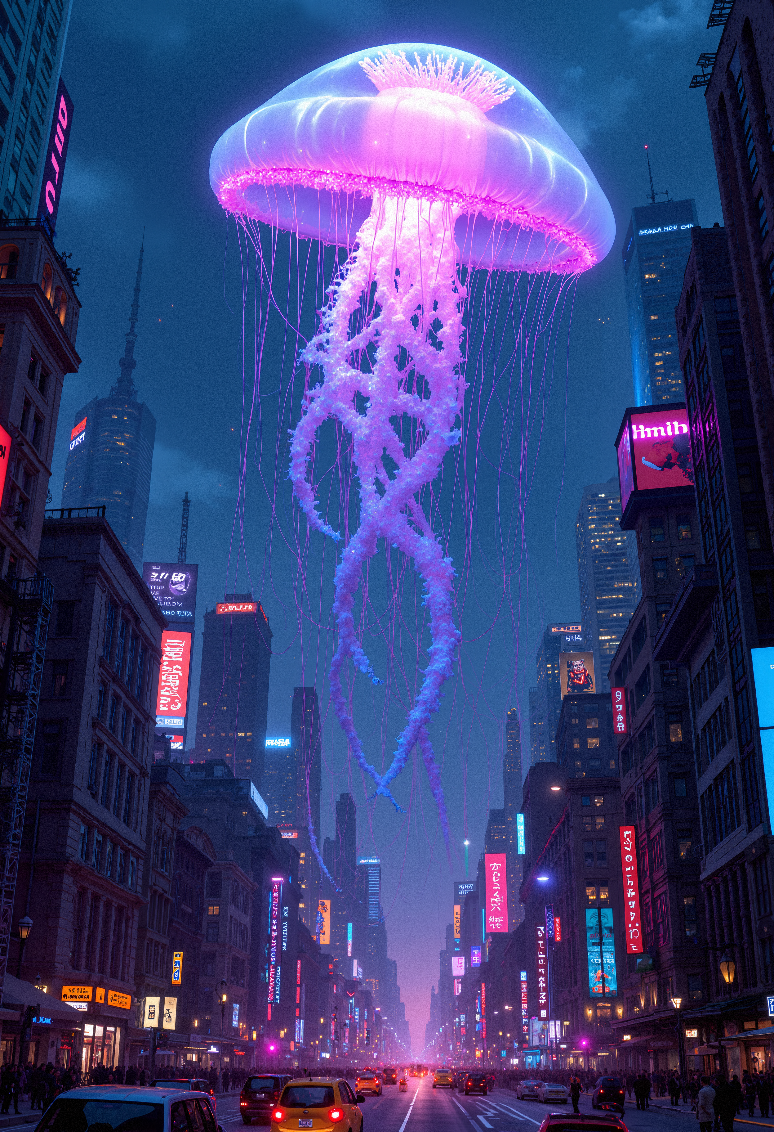 A surreal and whimsical image of a giant jellyfish floating in the sky above a bustling city. The jellyfish's translucent tentacles stretch down towards the skyscrapers, casting soft, multicolored lights over the streets below. The jellyfish itself glows faintly from within, with its body shifting between shades of pink, blue, and purple. The city is illuminated by the neon lights of billboards and cars, creating a contrast between the urban environment and the ethereal creature floating above. The scene feels like a mix of fantasy and science fiction, capturing a moment of awe and surreal beauty.   <lora:FluxMythP0rtr4itStyle:0.8> MythP0rt,