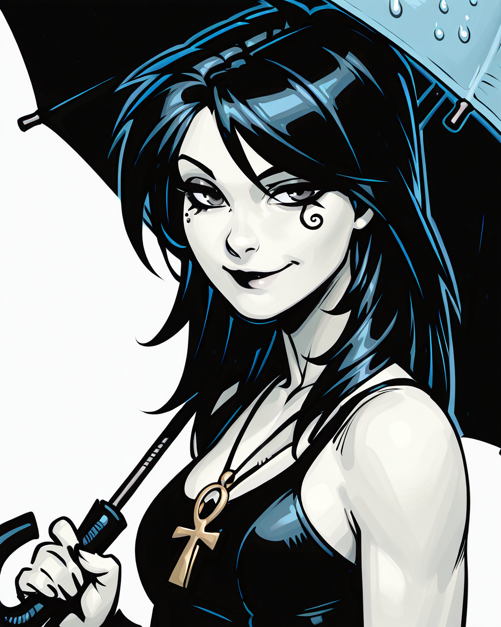 masterpiece, best quality, absurdres, perfect quality, absolutely eye-catching,   <lora:ChrisBachaloIllus:1> bachalo,  <lora:Death of the EndlessilluLoRA:0.8> dethofend, pale skin, colored skin, long hair, ankh necklace, tank top,  umbrella, over shoulder, 1girl, solo, , smile, looking at viewer, tattoo under eye, portrait,