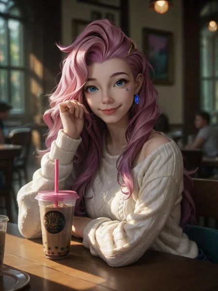 score_9, score_8_up, score_7_up, score_6_up, score_5_up, score_4_up, realistic,
1girl, seraphine <lora:seraphine-PD-1.0:1>,
sitting at table, looking at viewer, cute, (flirting), head tilt,
bokeh, sunbeam, aesthetic, perfect lighting,
white sweater, bubble tea,