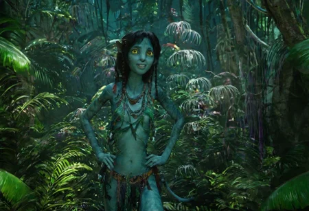 Kiri is posing for portrait, along in jungle, closeup, [[[[[big eyes wide open]]]]], full body, wide heavy necklace with thick pieces, SK_CINEMATIC