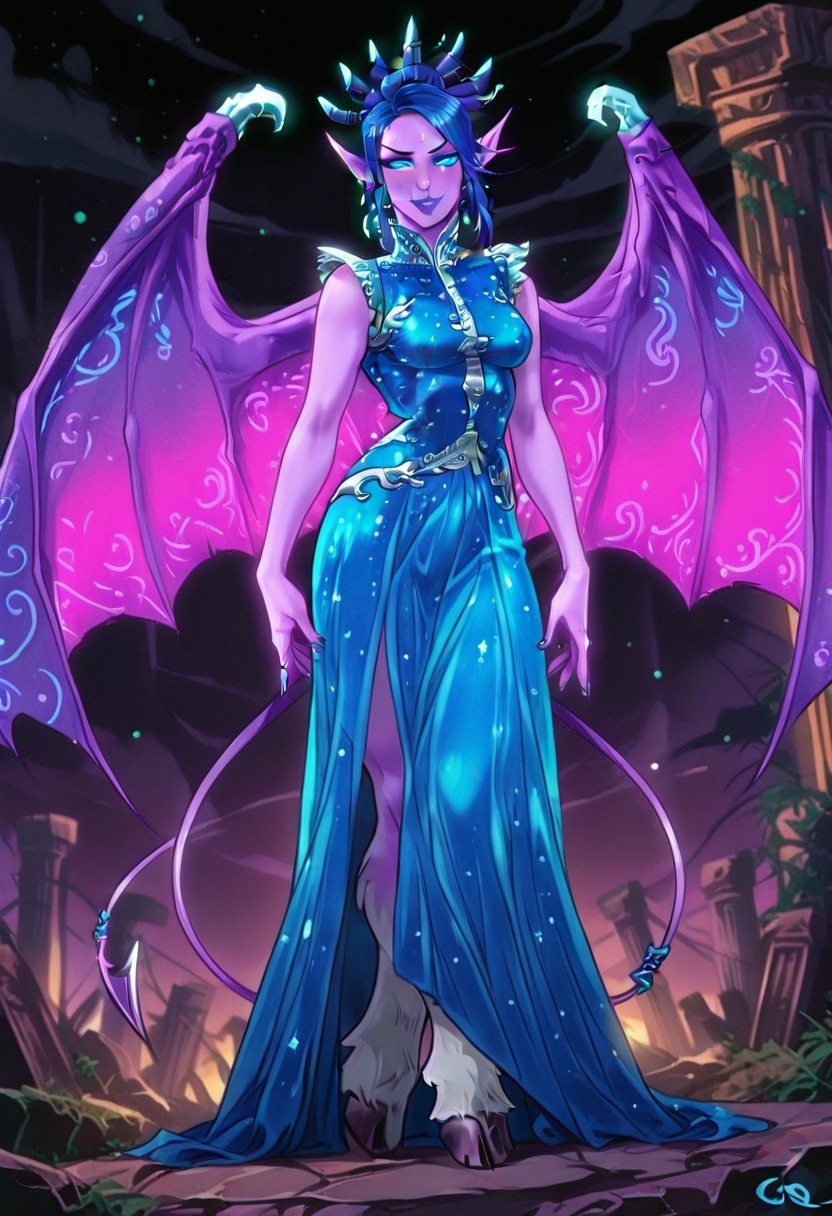 NocticulaTRQ, 1girl, solo, colored skin, purple skin, short hair, blue hair, horns, hair bun, bangs, blue eyes, nose, purple lips, pointy ears, earrings, long blue dress, dress ornament, cutout dress, large breast, sleeveless dress, demon wings, demon tails, hooves,
,seductive pose, sexy pose, tease, 
masterpiece, best quality, fine details, intricate details, depth of field, subsurface scattering, bokeh,
 ultra-detailed, very aesthetic, detailed background, newest, scenery, highres, absurdres, colorful, vibrant, glowing, perfect face, 2d, perfect eyes,  vibrant saturated colors, volumetric lighting, sharp, detailed eyes, perfect anatomy,  perfect face, perfect eyes, mature body, clear eyes, beautiful eyes, athletic, curvy body, athletic girl, perky tits, perfect tits, round breasts, pinup pose, teasing, lustful expression, perfect hands, 
muscular female, dutch angle, 
ruins,
,Smooth Negative, uncensored,
90s_anime_aesthetic, 1990s (style), retro, retro artstyle,dark_fantasy_style, dark fantasy, retro,