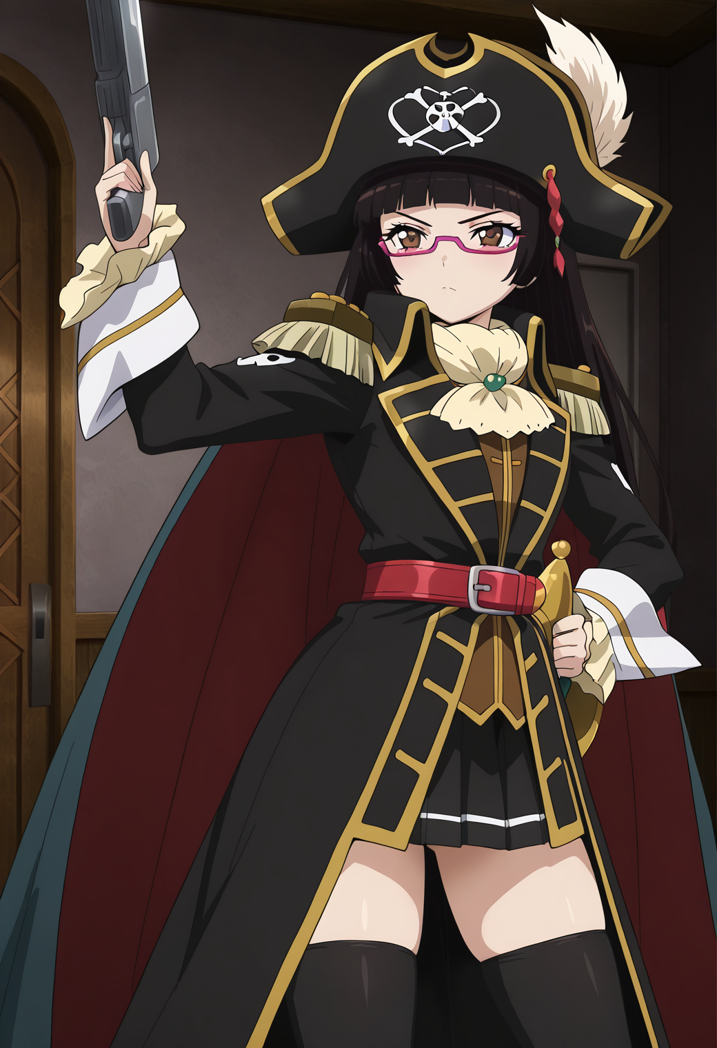masterpiece, best quality, very aesthetic, absurdres, 1girl, solo,
<lora:chiaki_kurihara_v01:1>, chiaki_kurihara, chiaki_pirates, black hair, long hair, hime cut, brown eyes, under-rim eyewear, purple-framed eyewear,
pirate, pirate hat, hat feather, cape, epaulettes, ascot, red belt, black skirt, plated skirt, zettai ryouiki, black thighhighs, brown loafers, posing