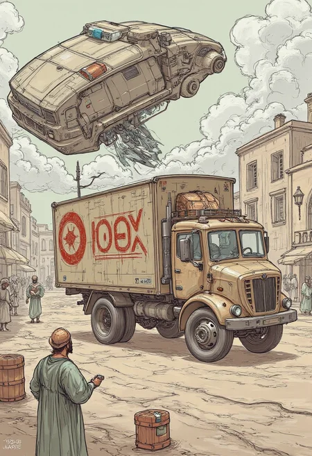 Sketch of, A time-traveling delivery truck, its exterior shimmering with temporal distortion, materializes in a historical marketplace. The truck's cargo bay opens to reveal packages from the future, containing advanced technology and cultural artifacts. The vehicle's AI navigates the historical setting, avoiding paradoxes and ensuring the safe delivery of its cargo. The surrounding marketplace is a vibrant scene of historical commerce.