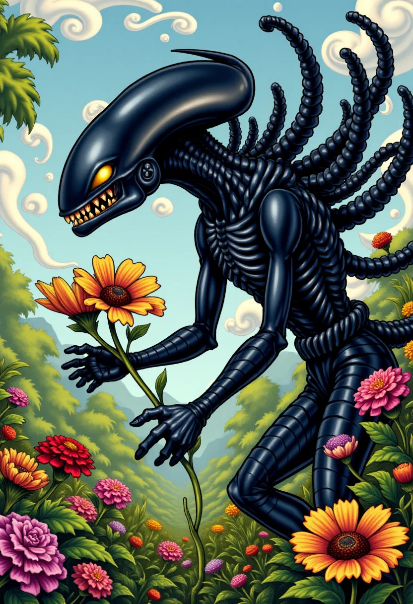 <lora:KFT_Curse_of_Dragons_Crown_Style_FLUX:1>
The image is a vibrant, digitally created kftfantasy illustration featuring black Xenomorph picking flowers in a garden