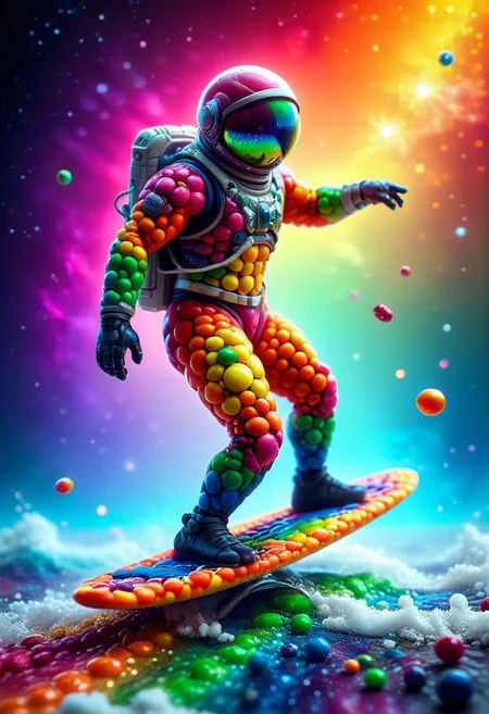 An epic photo of an astronaut surfing in space, galaxies made of skittles, Taste the Rainbow, neon color, masterpiece, best quality, highly detailed, sharp focus, dynamic lighting, flux-style,