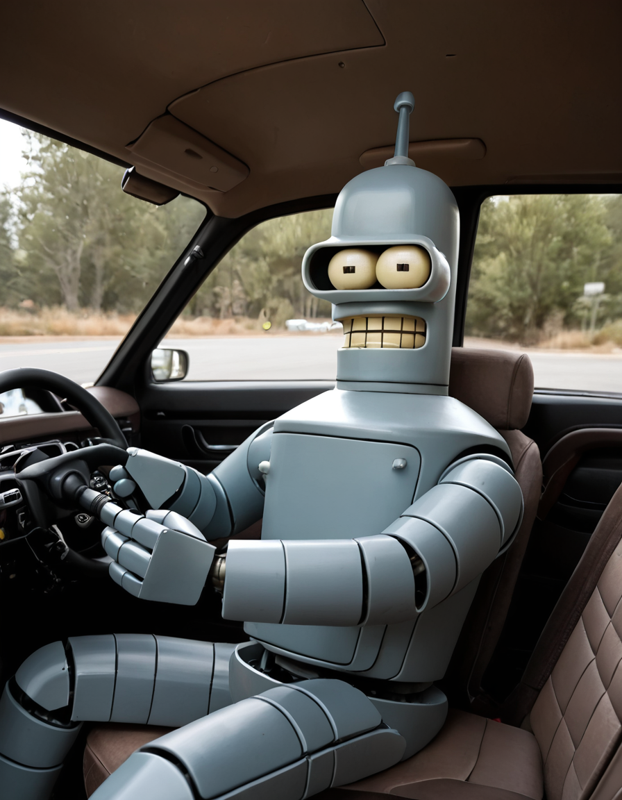 <lora:Bender_Pony:1> bender, 1robot, driving a car