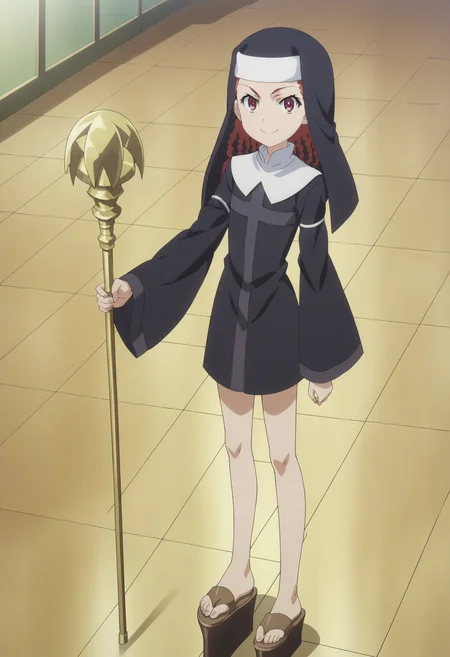 score_9, score_8_up, score_7_up, score_6_up, score_5_up, score_4_up , anime coloring ,BREAK source_anime, anime,screencap,
1girl, solo, agness, black dress, habit, platform footwear, <lora:PonyXL Agnese Sanctis V1:1>
indoors,
standing, holding staff,
smile, looking at viewer,