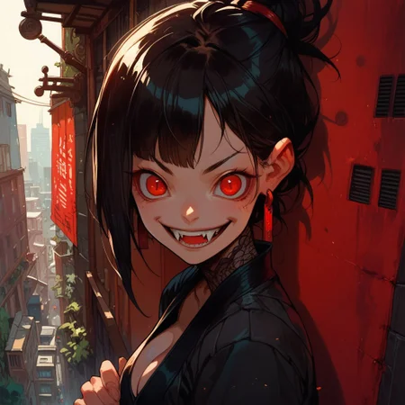 score_9, score_8_up, score_7_up, score_6_up, score_5_up, score_4_up, 1girl, solo, pale skin, red eyes, black hair, bangs, cleavage, 2 fangs, view from above, smile, earrings, legs, feet, city,