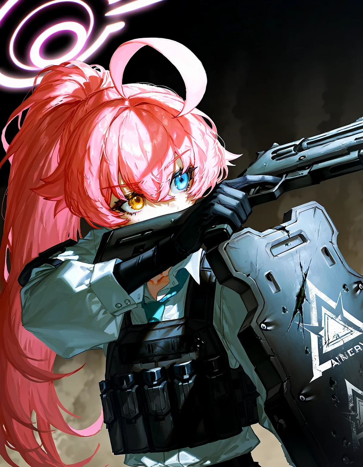 1girl, solo, long hair, blue eyes, shirt, long sleeves, gloves, holding, hair between eyes, white shirt, upper body, yellow eyes, pink hair, ahoge, ponytail, weapon, necktie, black gloves, collared shirt, holding weapon, halo, gun, heterochromia, holding gun, blue necktie, smoke, handgun, shield, looking ahead, pink halo, huge ahoge, aqua necktie, aiming, holding shield, shotgun, bulletproof vest, bullet hole, hoshino \(blue archive\), <lora:quasarcake:0.8>, quasarcake