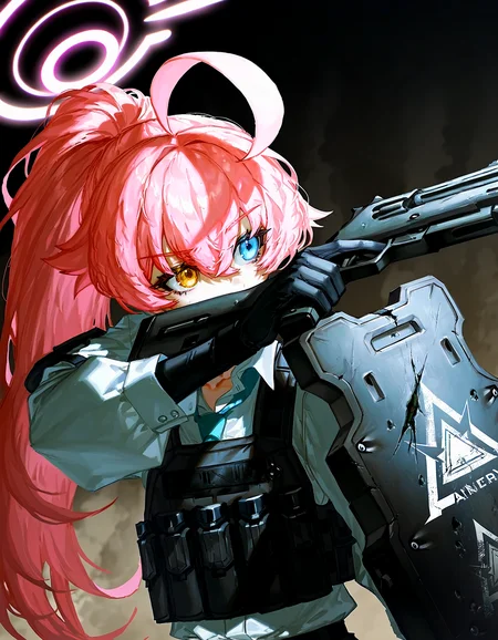1girl, solo, long hair, blue eyes, shirt, long sleeves, gloves, holding, hair between eyes, white shirt, upper body, yellow eyes, pink hair, ahoge, ponytail, weapon, necktie, black gloves, collared shirt, holding weapon, halo, gun, heterochromia, holding gun, blue necktie, smoke, handgun, shield, looking ahead, pink halo, huge ahoge, aqua necktie, aiming, holding shield, shotgun, bulletproof vest, bullet hole, hoshino \(blue archive\), <lora:quasarcake:0.8>, quasarcake