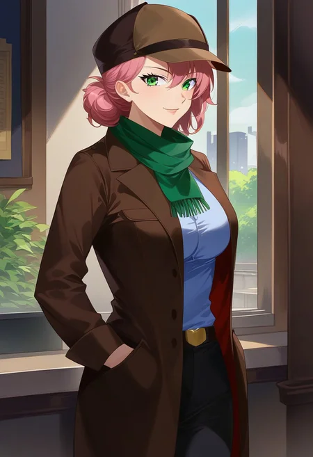 Masterpiece, High quality, anime, solo, 1girl, Oc, adult, tall, Detective woman, Short pink hair, Green eyes, Long Brown detective coat, brown Detective deerstalker hat, green scarf, black pants, serious face expression, soft smile, front, standing, leaning on building window, Office background, hands in pocket.