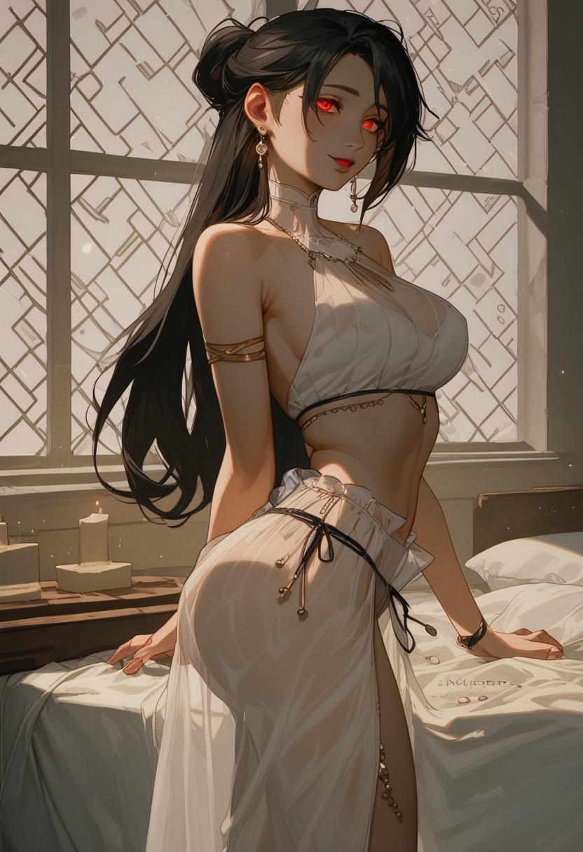 score_9, score_8_up, score_7_up, masterpiece, high quality, ultra detailed, absurdres, Expressiveh, negative_hand, g0thicPXL, neon BREAK 1girl, 18 year old girl, youthful face, slim figure, medium boobs, round butt, tifa lockhart, red eyes, black hair, long hair, earrings, PassionTifa, see-through white sarong BREAK bedroom, purple bedsheets, late night, neon city outside window, posing, sexy, standing, breasts focus