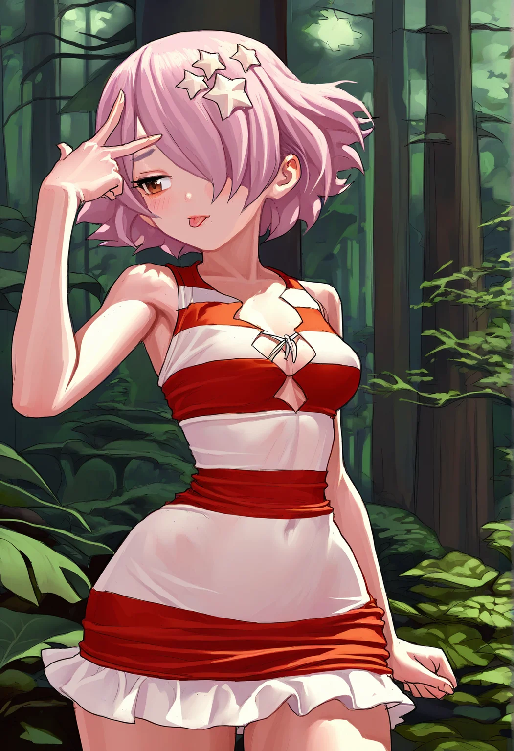 masterpiece, best quality, absurdres, highres, cinematic light, 1girl <lora:luna_wright-Illustrious:1> luna_wz, pink hair, short hair, hair over one eye, star \(symbol\),star hair ornament, brown eyes, medium breasts, red lipstick, dress, short dress, striped dress, bare shoulders, v over eye, :p, nature, forest, day, scenery, cowboy shot, questionable, wide hips, taking picture, fkey,