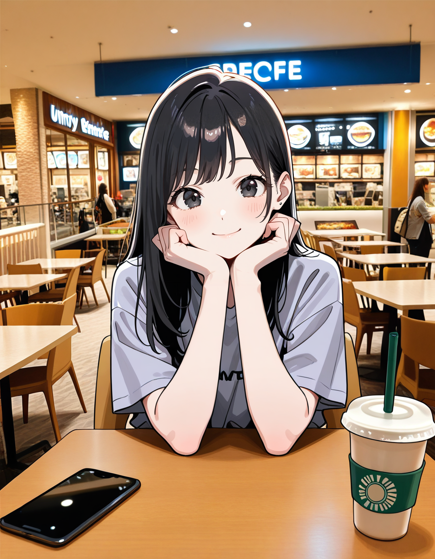 score_7_up, anime BREAK official art, solo, 1girl, one girl, 
Black hair, (chest length hair:1.2), Straight Hair, bangs, one tucked behind ear, black eyes, feature large highlight, feature double highlights, shaped eyeblow, 
<lora:Shopping_Mall-000006:1>, Shopping Mall, photo background, real world location, 
1girl, solo, phone, cellphone, cup, smartphone, looking at viewer, smile, pov across table, indoors, table, head rest, sitting, disposable cup, cafe, chair, food court, shop
(masterpiece:1.3), best quality, high resolution, unity 8k wallpaper, extremely detailed CG, 8K, (watercolor \(medium\), muted color, sketch:1.1), perfect anatomy, highly finished, masterpiece, best quality, high quality, amazing quality, great quality, very aesthetic, ultra detailed, highres, absurdres, highly detailed, highly detailed background,