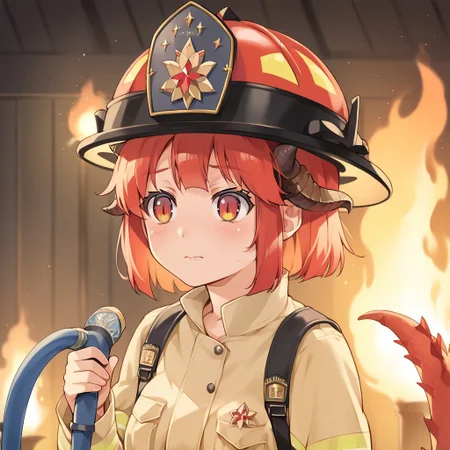 score_9,score_8_up,score_7_up,score_6_up, source_anime, (8k, masterpiece, best quality, cinematic lighting, ultra high res), (extremely detailed image, high resolution, 5k resolution:1.0), (ultra HD quality details), 1girl, (dragon girl, red hair, dragon tail, fire tail, horns), (firefighter girl, helmet, holding fire hose), EPFireFighter, wearing EPFireFighter, anime, chibi, cute firefighter dragon girl putting out a fire, holding fire hose, (((fire hose))), spraying water, awkward expression, nervous, (detailed image, high resolution, 5k resolution:1.0), at night,(masterpiece:2),(best quality:1.1),ultra highres,original,extremely detailed,perfect lighting, moe, HappoubiJP