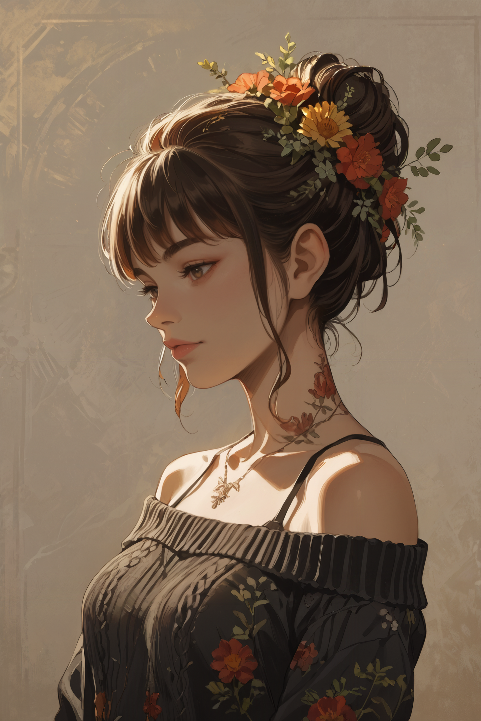 score_9_up, score_8_up, score_7_up, Casual, cell_shading, detailed, detailed background, masterpiece, best quality, highly detailed,
1 woman, portrait,
BREAK
BREAK
1woman, feathered ends, messy upto bun, floral hair ornaments, neck tattoo, off shoulder sweater, impossible shirt,
original,
<lora:incase---1:0.4> <lora:DemizuPosukaXLP:0.8> DemizuPosuka <lora:kurtzXLP:1> kurtz