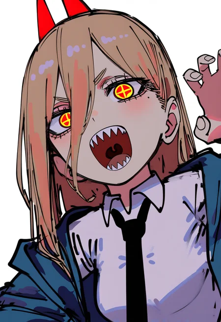 best quality, amazing quality, very aesthetic, absurdres, sketch,
BREAK
1girl, power \(chainsaw man\), pink hair, blonde hair, red horns, red eyes, cross-shaped pupils, long hair, sharp teeth, hair between eyes, symbol-shaped pupils,
collared shirt, black necktie, long sleeves,
looking at viewer, white shirt, open mouth,
simple background, white background, smile, upper body,   <lora:DoodleAnimeNoobLocon_byKonan:1>
