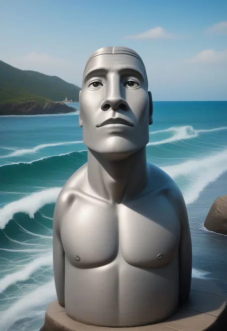 cinematic lighting, extremely detailed, high detail, hires textures, incredibly detailed, intricate details, intricate diorama, masterpiece, outstanding intricacies, photorealism, true masterpiece, Moai Statue, Moai face, Moai man, wearing a suit, shore background, luscious, Exquisite, full body, coastal view, sea, waves,