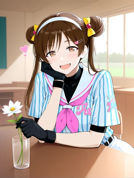 IllustriousQual <lora:cfg_scale_boost:0.3> <lora:StS-Illustrious-Detail-Slider-v1.0:3>,detailed_background,indoors,holding flower,1girl,skirt,black belt,gloves,hair bow,yellow bow,smile,sitraell,sportswear,nitta minako,hairclip,hairband,brown hair,head rest,flower,satogahama baseball uniform,bow,barkhorn0331,highres,mita \(miside\),striped clothes,wristband,heart,vertical-striped clothes,baseball uniform,pink neckerchief,skin fangs,holding,belt,purple hair,vertical-striped shirt,double bun,shirt,shirt under shirt,hair ornament,purple eyes,:d,brown eyes,black gloves,hair bun,striped belt,black undershirt,striped shirt,heart in eye,symbol in eye,cinderella series,beads,white sailor collar,neckerchief,hair beads,twintails,fangs
