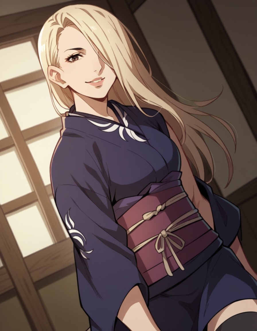score_9, score_8_up, score_7_up, source_anime, <lora:hyakurin-s1-ponyxl-lora-nochekaiser:1>, hyakurin, long hair, blonde hair, hair over one eye, brown eyes, lips,, thighhighs, japanese clothes, black thighhighs, kimono, sash, indoors, smile, looking at viewer, solo,, cowboy shot, dutch angle