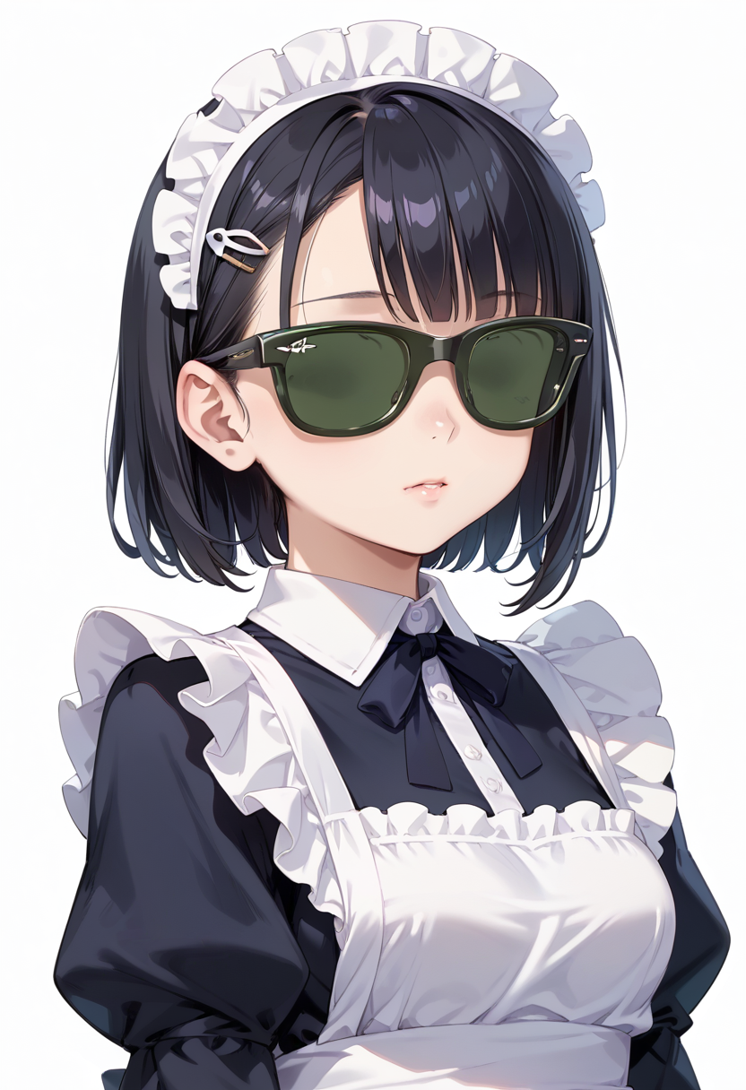 score_9, score_8_up, score_7_up, rating_safe, masterpiece, best quality, absurdres, unity 8k wallpaper, official art, official style, source_anime, uncensored, game cg, megami magazine,
1girl, solo, black hair, medium hair, upper body, covered eyes,maid, maid headdress, black dress, maid apron, face focus,
sg_WAYFARER, sunglasses, covered eyes, white background, simple background, darkgreen tinted eyewear, 
 <lora:glasses_wayfarer_PONY_V1:1>