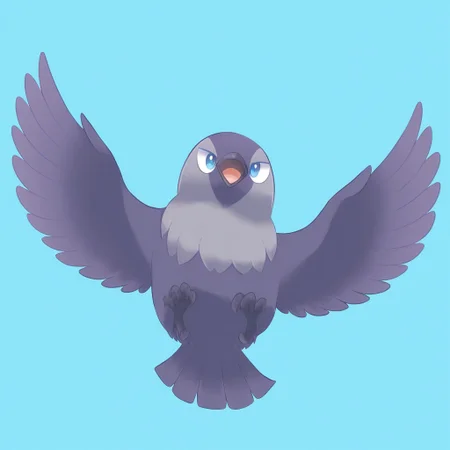 jackdaw, corvid, bird, feral, animal focus, chibi, pokemon_\(creature\), fullbody, solo, huge eyes, light blue eyes, flying, spread wings, open beak, [looking at viewer], (illustration), sasabunecafe, yupo_0322, ryota_\(ry_o_ta\), abstract background, blue background, general, year 2024, masterpiece, best quality, absurdres, very aesthetic, very awa