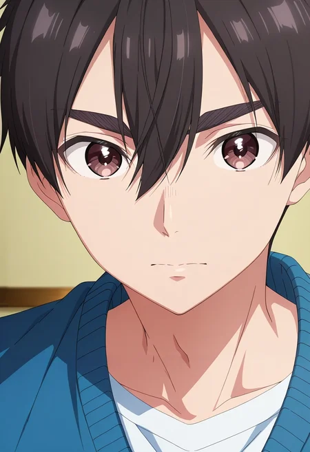 masterpiece, best quality, , anime screencap, anime coloring, official style, looking at viewer, 1boy, solo, male focus, <lora:rentarou_aijou_ilxl:0.94>, rentarou_aijou, black hair, brown eyes, short hair, hair between eyes, bangs, ,