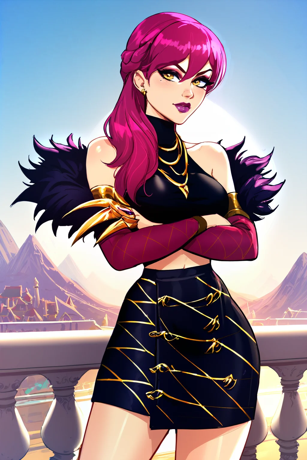 score_9, score_8_up, score_7_up, masterpiece, high quality,
<lora:KDAEvelynnPonyLora:0.8>1girl, long hair, pink hair, yellow eyes, makeup, hair over shoulder, fur boa, fur trim, necklace, halterneck, bare shoulders, detached sleeves, midriff, petticoat, golden claws, standing on a balcony, windy, crossed arms, arrogant look <lora:Rapscallion_style_PDXL:0.5>, rapscallionstyle, <lora:KimKrab:0.5>kimkrab