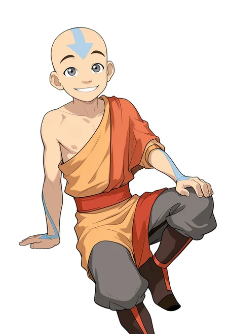 masterpiece, absurdres, high quality, perfect anatomy, 1boy, solo, cute boy, male focus, smiling, Aang, Grey Eyes, Bald, Blue Facial Marking, Blue Arrow (Symbol) Tattoo On Forehead, Season 3 Outfit, Orange Robe, Yellow Robe, single bare shoulder, Sleeveless, Red Sash Belt, Grey Pants, Black Boots, Blue Arrow (Symbol) Tattoo on Hands, Blue Body Markings, white background, simple background,