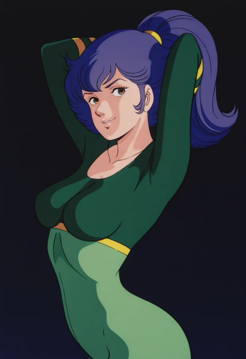 masterpiece,best quality,amazing quality,
cbraBlmy, 1980s \(style\),
1girl, solo,
purple hair, blue hair, high ponytail, brown eyes, lips, green bodysuit, collarbone, medium breasts,
from side, arched back, arms up, looking at viewer, smirk,