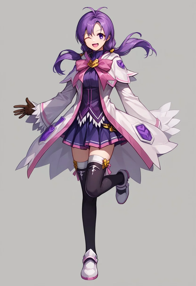 score_9, score_8_up, score_7_up, source_anime, good anatomy, 1girl, solo, AishaEM, purple eyes, purple hair, low twintail, brown leather gloves, white and pink coat, pink bow, dark purple shirt, purple and pink miniskirt, pleated skirt, black thighhighs, white and pink shoes, standing, smiling, open mouth, medium breasts, tall girl, full body, leaping, one knee raised, winking