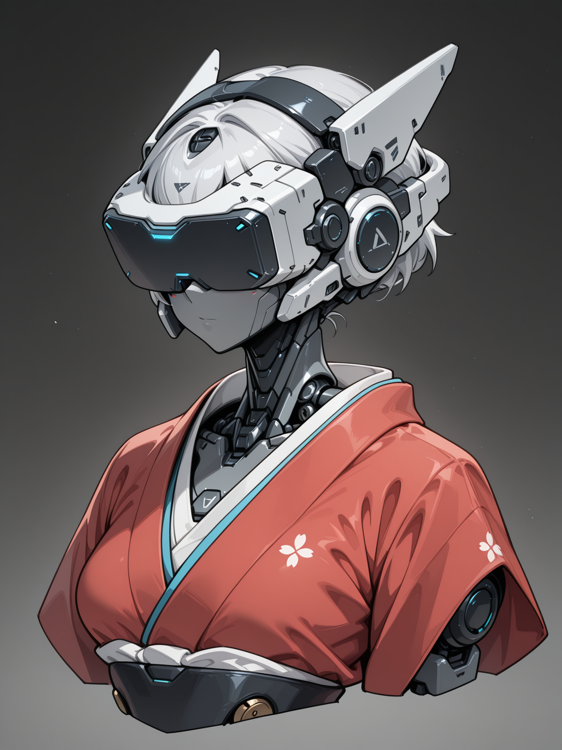 masterpiece,best quality,amazing quality,very aesthetic,absurdres,newest,
BREAK,
, science fiction, , head-mounted display, portrait, 
solo, ,1girl, upper body, narrow waist, android, japanese clothes, robot joints, grey skin, mecha musume, full body, kimono, 
 <lora:Anachrotech_Mecha_bits_Illustrious:1> an4chr0t3ch, head-mounted display