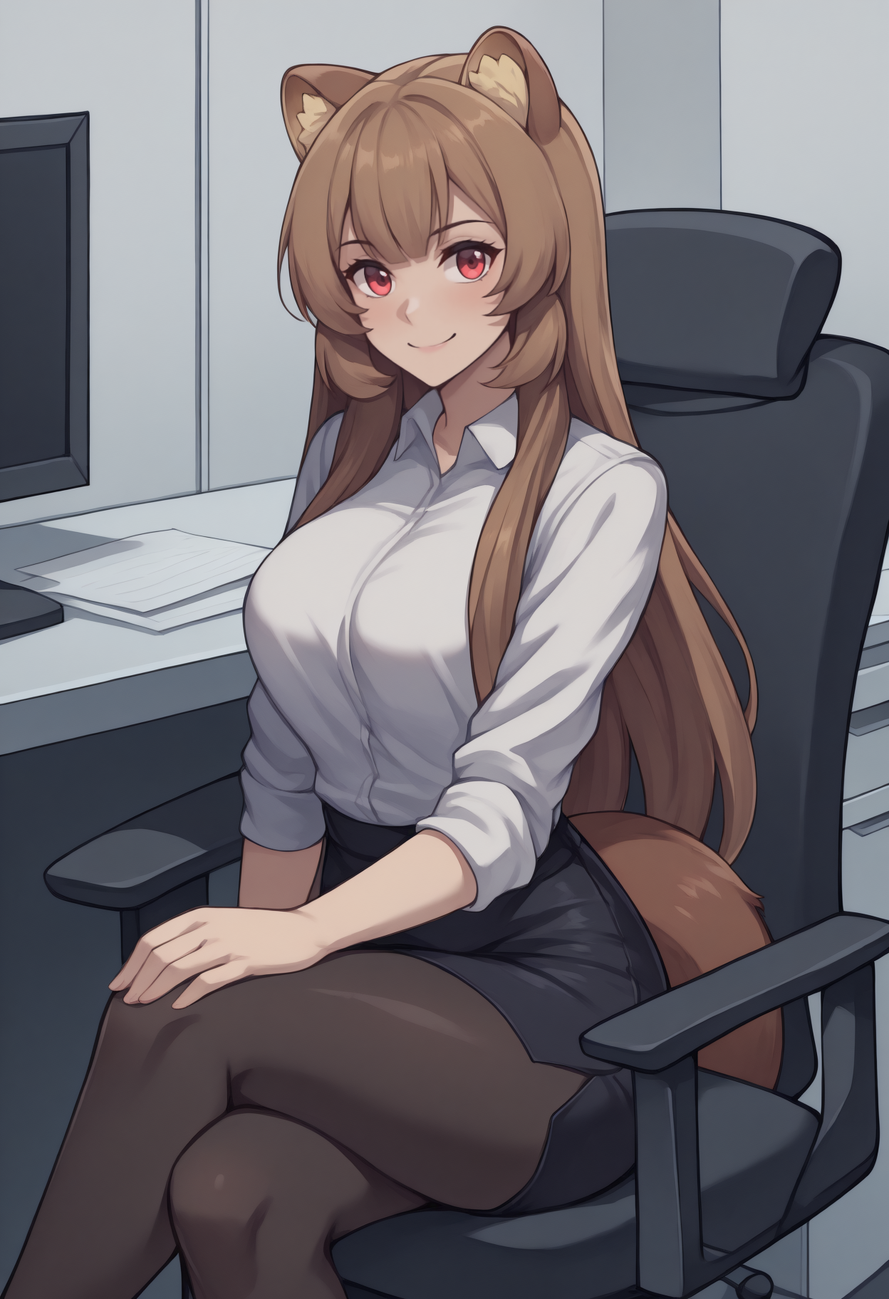anime, masterpiece, best quality, solo, 1girl, rphtldef, raccoon tail, smile, looking at viewer, sitting, swivel chair, crossed legs, hand on own thigh, long hair, brown hair, sidelocks, raccoon ears, animal ear fluff, red eyes, white shirt, collared shirt, black skirt, pencil skirt, black pantyhose, indoors, office, cubicle
<segment:yolo-Anzhc Face seg 640 v2 y8n.pt,0.4,0.5//cid=1>
