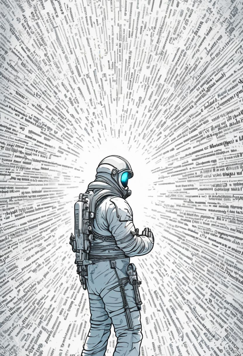 illustration of an Space man praying in church, text, highly detailed, motion blur, 4k, uhd, masterpiece,