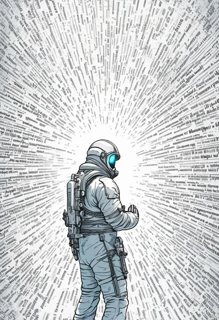 illustration of an Space man praying in church, text, highly detailed, motion blur, 4k, uhd, masterpiece,