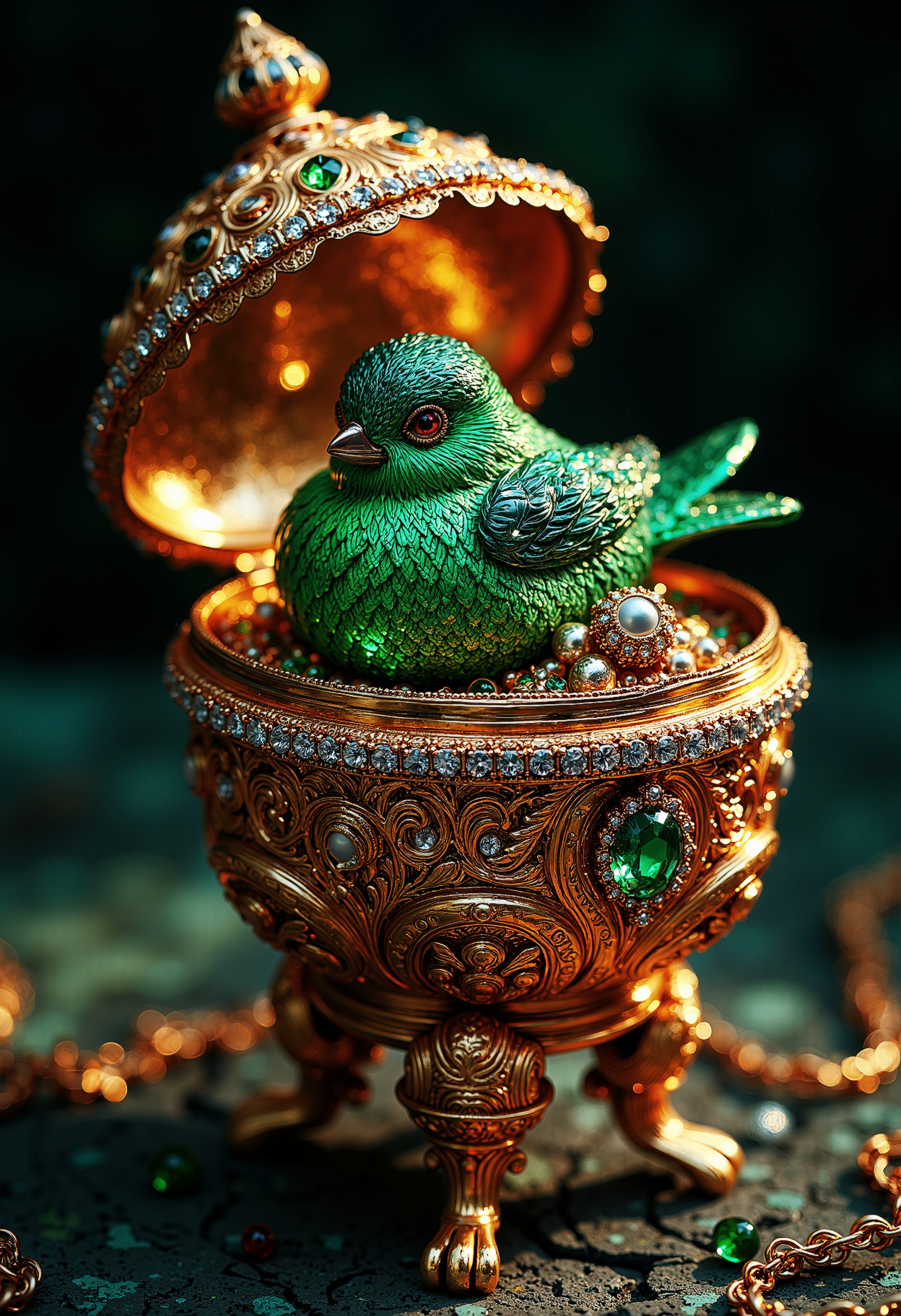 A rare, intricate Fabergé egg made of gleaming gold and encrusted with tiny diamonds and sapphires. The egg opens to reveal a cute miniature emerald bird with meticulously detailed feathers and glowing eyes. The egg’s surface is patterned with fine engravings, and every gemstone sparkles in perfect clarity under soft light.
photography, high-resolution, dynamic, energetic,hyper-realistic, dramatic lighting, shallow depth of field.),High Detail, Perfect Composition, realistic photographic image, interesting backlighting
