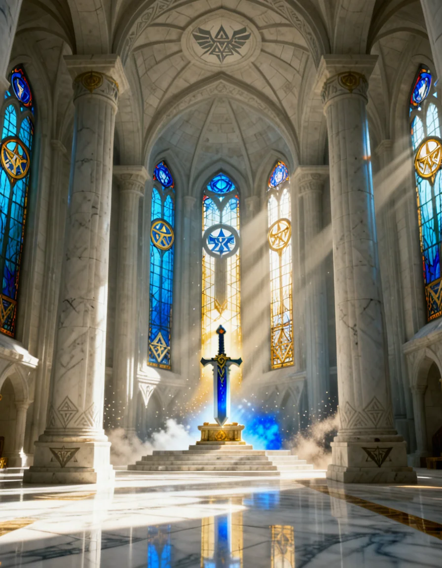 Inside the legendary Temple of Time, a vast sacred hall built of ancient white stone. Sunbeams filter through tall stained-glass windows depicting divine symbols, casting soft multicolored light across the polished marble floor. Massive pillars rise toward a vaulted ceiling carved with Hylian motifs. At the far end of the hall, the iconic Master Sword pedestal stands on an elevated platform, surrounded by gentle blue, golden, and white sacred glow. Dust particles drift slowly in the tranquil air, giving the atmosphere a timeless, mystical silence. Cinematic, serene, highly detailed, no characters.
<lora:Temple_of_T1m3:1>Temple of T1m3, Masterpiece,best quality,hi res,8k,(sharp focus, intricate, highly detailed),