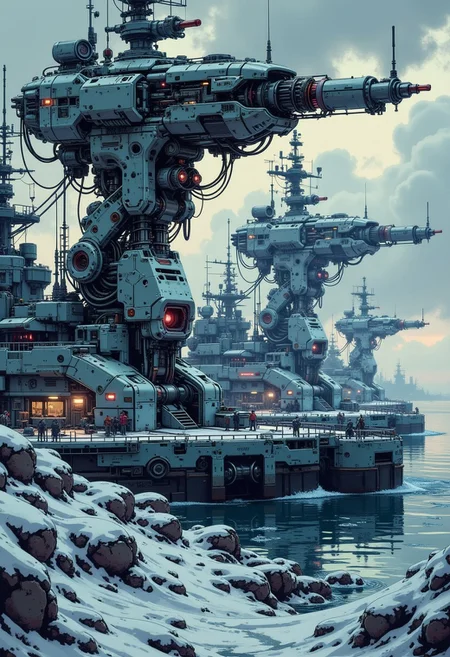 in the style of ck-mgs, A digital artwork in the style of cknc, a_skynet_cyberdyne_craft, the image is featuring two enormous plasma gun turrets overlooking a futuristic, highly advanced sci-fi naval base, with several military buildings.  Naval ships in winter camouflage of grey and white paint are moored against the dock, winter, snow on the ground, small ice floes, stormy sky, directional weak sunlight, dutch angle