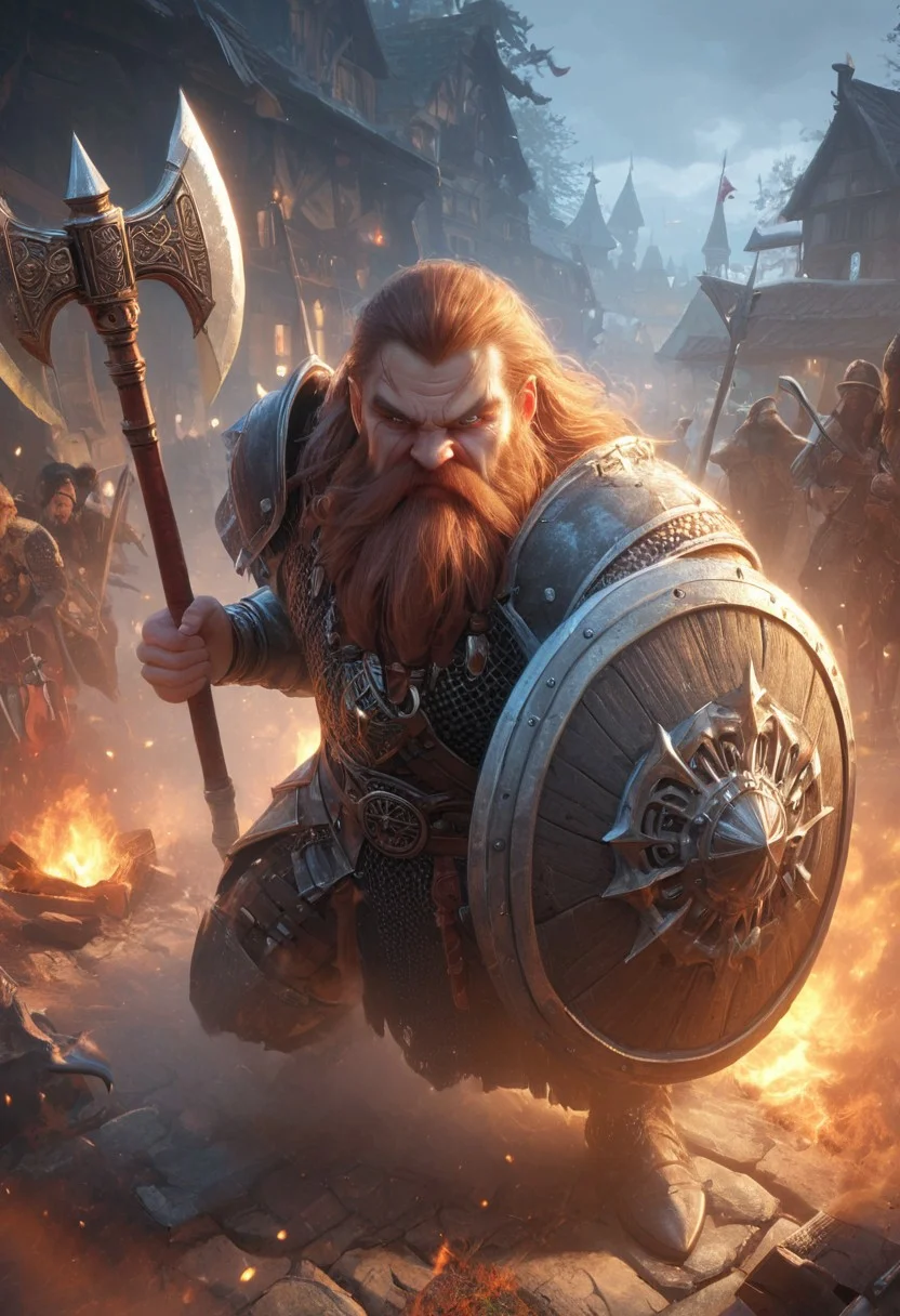 realistic, photorealistic, Expressiveh, score_9, score_8_up, score_7_up, axe and shield,
1boy, solo, Dwarf, short stature, brown hair, old, big nose, going berserk, angry, wielding an axe,
source_anime, in the fog, silhouette, small village on fire, medieval, feudal,
from above,