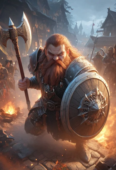 realistic, photorealistic, Expressiveh, score_9, score_8_up, score_7_up, axe and shield,
1boy, solo, Dwarf, short stature, brown hair, old, big nose, going berserk, angry, wielding an axe,
source_anime, in the fog, silhouette, small village on fire, medieval, feudal,
from above,