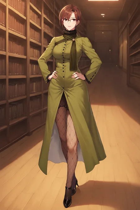 score_9, score_8_up, score_7_up, score_6_up, score_5_up, source_anime, rating_safe, medium breasts, indoors, library, 1girl, solo, <lora:age_slider_v4:3>, aozaki touko, brown hair, short hair, brown eyes, glasses, dress, long sleeves, green dress, scarf, fishnets, fishnet pantyhose, highheels, <lora:Touko_Aozaki:0.8>, hands on own hip, (full body:1.3)