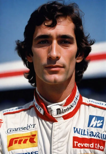 create a realistic, high quality portrait image of 1980s, Ayrton Senna, head and shoulders, Grand Prix,racing driver, racetrack,outdoors,sky blue,day, facing viewer, cloud, blue sky,_p_style, car Williams RacingTeam formula 1, wearing blue Williams Team Racing fire suit, barriers, <lora:VintagePPXL:1>, (masterpiece, best quality, ultra-detailed, best shadow), high contrast, (best illumination), ((cinematic light)), colourful, hyper detail, dramatic light, intricate details, ultra detailed artistic photography, lit from front ultra high definition, 8k, ultra sharp focus, ultra high quality, soft lighting, film photography, analogue photography, hyperrealism, no racing cars