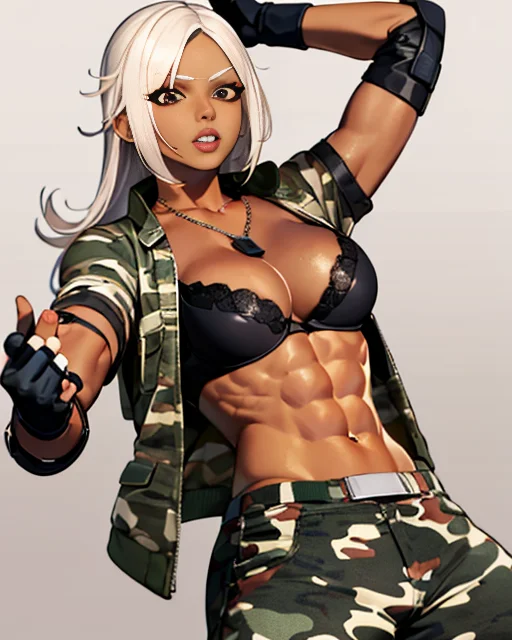 Vannesa,white hair,dark-skinned female,brown eyes,toned ,abs
VnsA,dog tags,elbow pads,open camouflaged jacket, midriff ,camouflage pants,combat boots,black bra,fingerless gloves,cleavage,sleeves rolled up,
(insanely detailed, beautiful detailed face, masterpiece, best quality)
<lora:Vannesa-09:0.8>