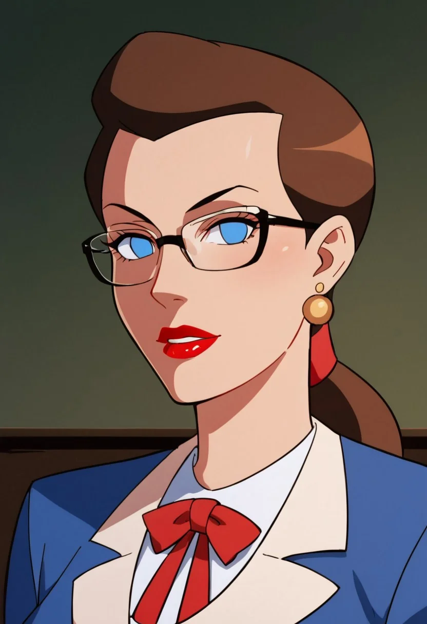 score_9, score_8_up, score_7_up, solo, 1girl, lipstick, ponytail, brown hair, blue eyes, no pupils, formal, glasses, suit, white shirt, formal, earrings, red ribbon, breast, face focus, courtroom background, Janet Van Dorn (dc), looking at viewer