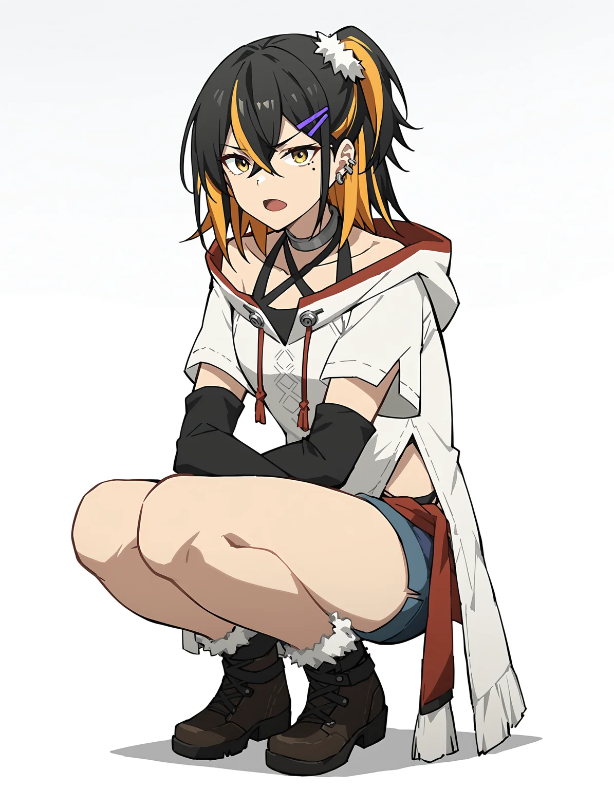 score_9,score_8_up,score_7_up,simple background,white background,squatting,looking at viewer,full body,:d,open mouth,
<lora:naina_pony:0.6>,naina,1girl,solo,black hair,multicolored hair,hairclip,hair ornament,yellow eyes,blonde hair,mole under eye,mole,ear piercing,collarbone,medium hair,hair between eyes,piercing,bangs,orange hair,streaked hair,two-tone hair,jewelry,jacket,criss-cross halter,white hoodie,short sleeves,bare shoulders,halterneck,shirt,short shorts,elbow gloves,fur trim,<lora:Anime_Screencap:1>,anime screencap,