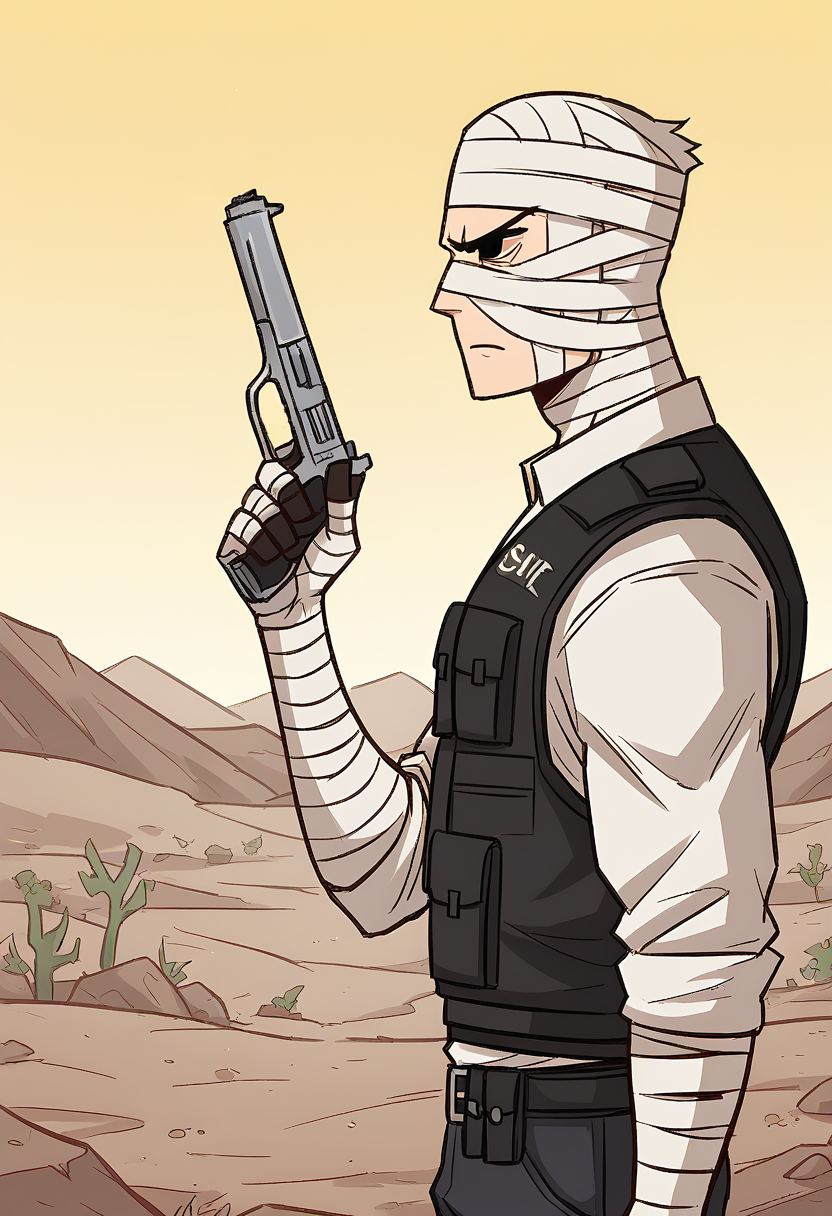score_9, score_8_up, score_7_up, 1boy, solo, ss-J0shGrm, bandages, bandage headwrap, bandaged hands, bulletproof vest, white shirt, pants, belt,
from side, holding handgun, pointed up, serious, standing, upper body, outdoors, desert, yellow background,
<lora:Joshua_Graham_OutfitCharacter_-_Fallout_New_Vegas:0.8>,    <lora:Alzward:0.8> Alzward, full black eyes, lowpoly,