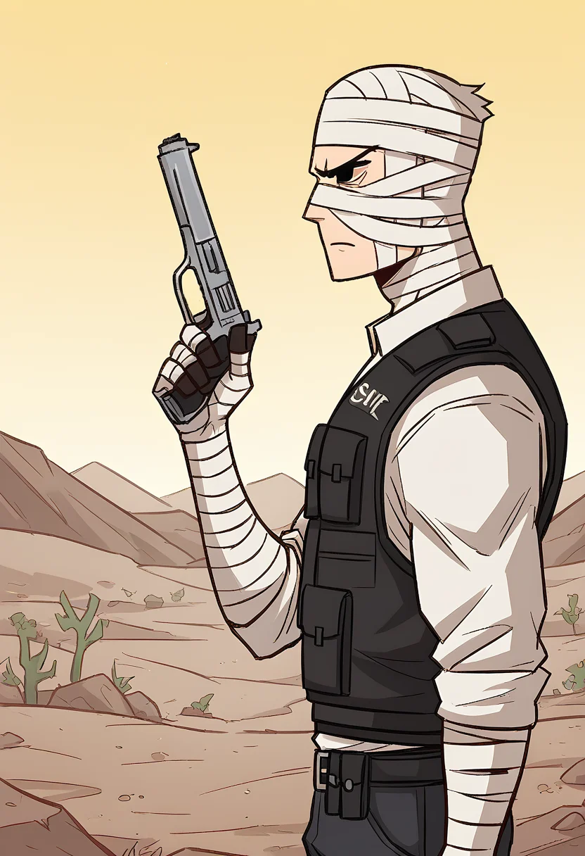 score_9, score_8_up, score_7_up, 1boy, solo, ss-J0shGrm, bandages, bandage headwrap, bandaged hands, bulletproof vest, white shirt, pants, belt,
from side, holding handgun, pointed up, serious, standing, upper body, outdoors, desert, yellow background,
<lora:Joshua_Graham_OutfitCharacter_-_Fallout_New_Vegas:0.8>, <lora:Alzward:0.8> Alzward, full black eyes, lowpoly,
